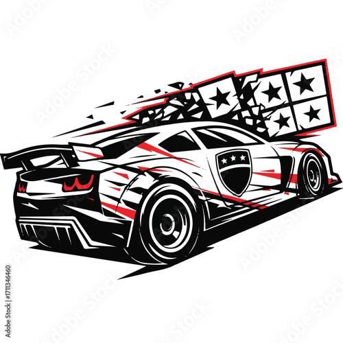A dynamic illustration of a white sports car with red accents and a large rear spoiler, featuring a checkered flag motif with stars.