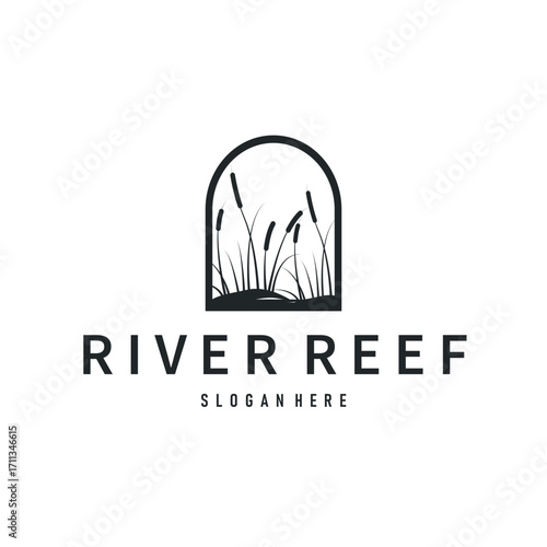 cattails logo river grass plant with river concept and simple silhouette plant design symbol illustration tremlet icon poster or product