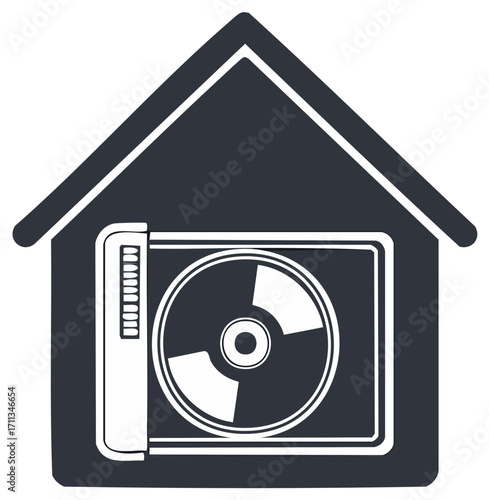 Simple icon of a residential house with an air conditioner outdoor unit for home cooling and HVAC services