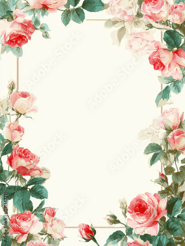 Wallpaper Mural Vintage floral frame with pink and red roses, green leaves, and blank center for text. elegant design evokes romantic and classic feel, perfect for invitations or greeting cards Torontodigital.ca