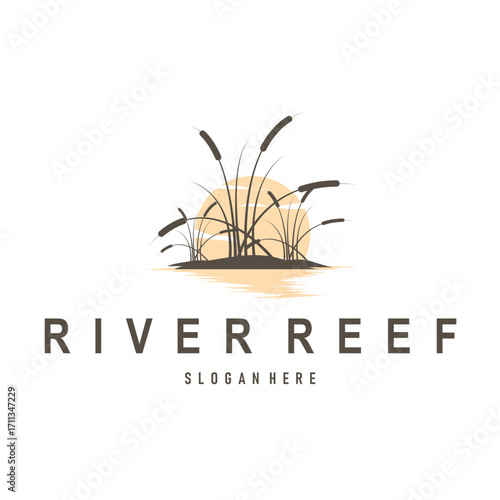 cattails logo river grass plant with river concept and simple silhouette plant design symbol illustration tremlet icon poster or product