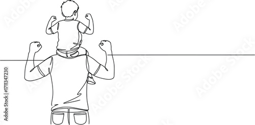 Father gives son a piggyback ride, both flexing muscles playfully
