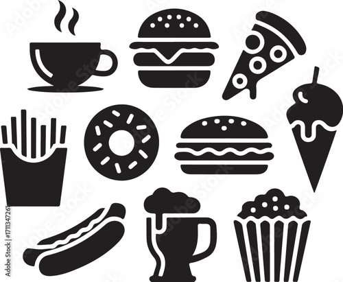Black and white food icons for restaurant or menu design