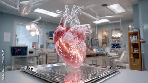 A Translucent Heart: A realistically rendered heart floats above a tray in a modern surgical theater, bathed in an ethereal glow, symbolizing medical advancement and health. 