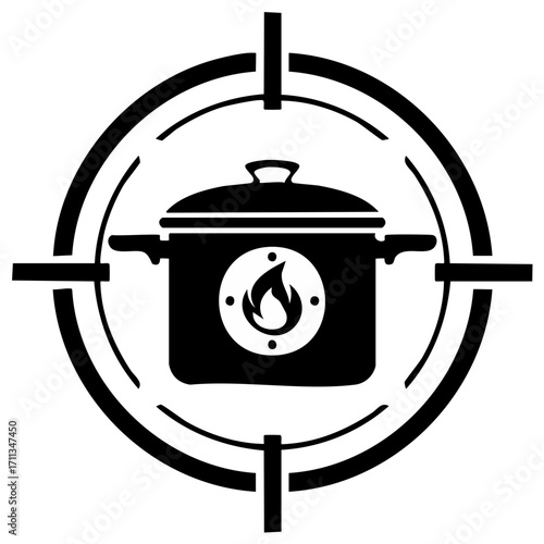 Black cooking pot with flame icon centered in a precise target graphic symbolizing culinary focus