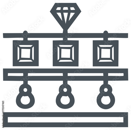 Abstract industrial jewelry manufacturing process line with diamond and hanging elements