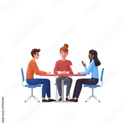 Professional diverse team actively collaborating and brainstorming ideas around a table, representing modern business meetings and group discussions in a clean, illustrative style