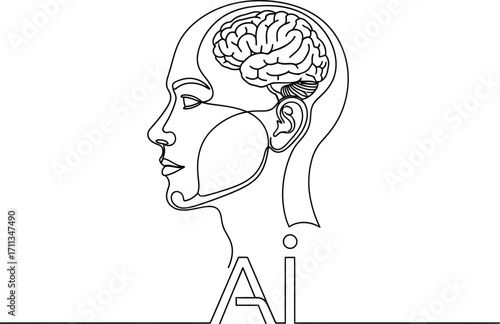 Conceptual outline of a human head and brain with "AI" text, symbolizing artificial intelligence and thought.