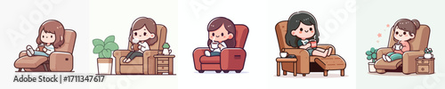 vector little girl sitting on chair with coffee