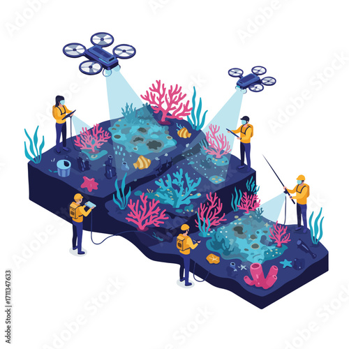 Advanced Coral Reef Monitoring and Conservation Vector Illustration