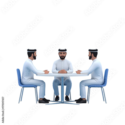 Three professional Middle Eastern businessmen in traditional white thobes and ghutras seated at a modern circular table, symbolizing strategic discussion and collaborative business planning