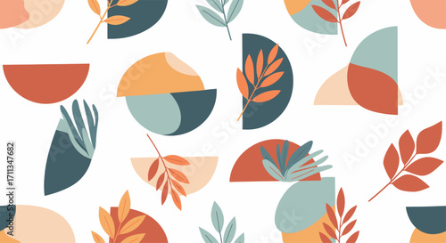 Abstract botanical pattern with organic shapes and leaves.