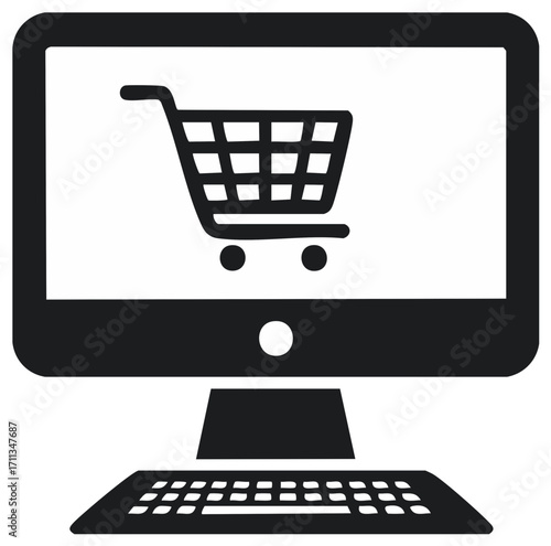 Online Shopping on Desktop Computer Icon  Black and White E-commerce Concept
