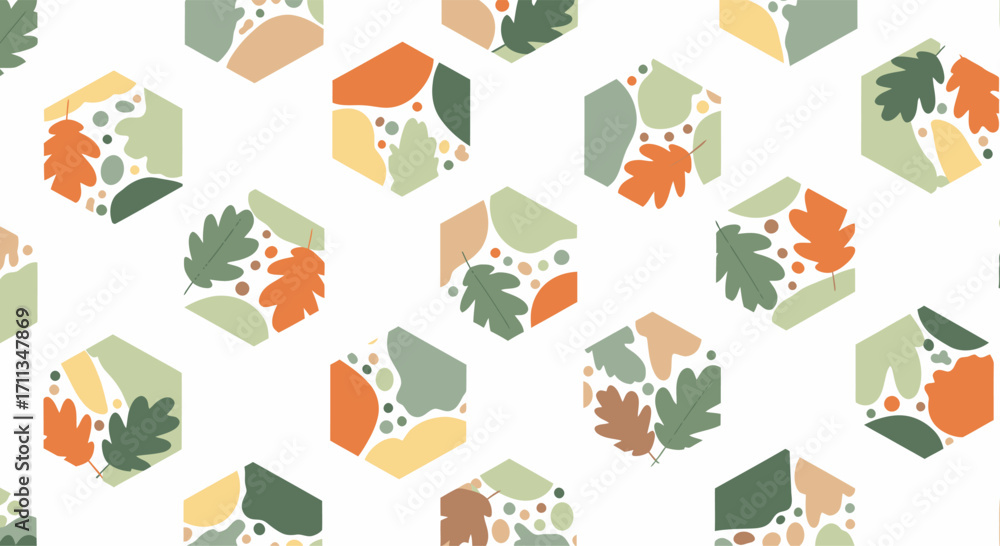 Fototapeta premium Modern seamless pattern with autumn leaves in geometric hexagons.