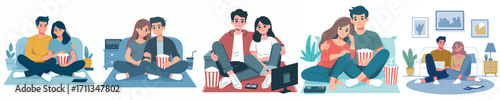 vector couple sitting on the floor watching a movie
