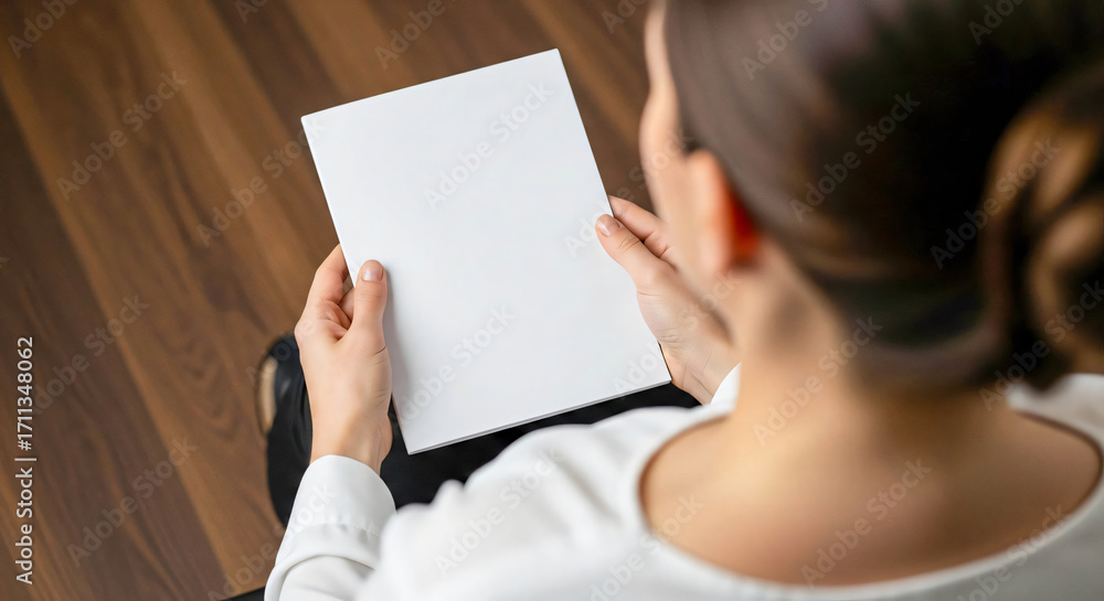 Naklejka premium Woman Holding Blank Paper, Reading Document