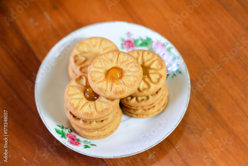 Wallpaper Mural Breakfast and snack menu. Butter biscuits with pineapple jam and a glass of chocolate milk. Close-up of butter cookies and a glass of chocolate, sweet cakes. Perfect for recipes, articles, catalogs. Torontodigital.ca