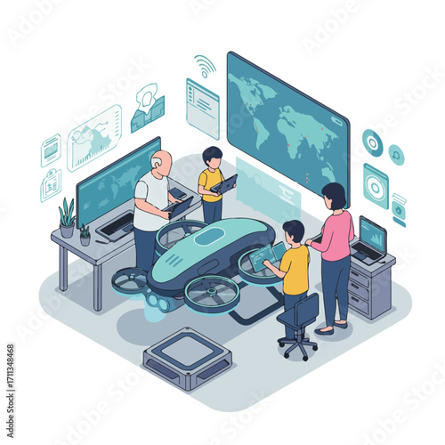 Vector Illustration: Pioneering Geospatial Data Analysis with Advanced Drone Technology for Global Insights