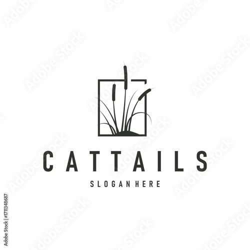 cattails logo river grass plant with river concept and simple silhouette plant design symbol illustration tremlet icon poster or product