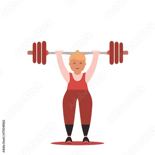 Vector illustration of a powerful female weightlifter in sportswear lifting a heavy barbell over her head with a determined smile