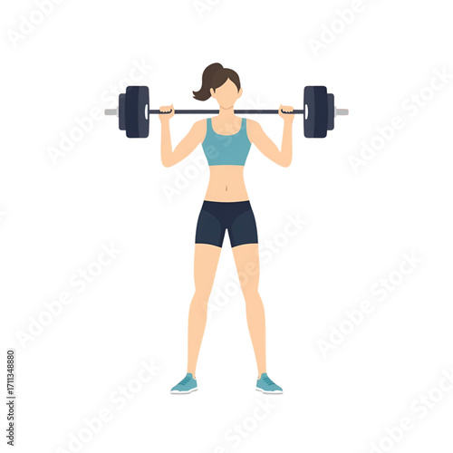 Athletic woman doing strength training with a barbell. Flat vector illustration of a female weightlifter isolated on a white background