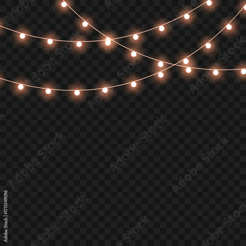 Glowing Christmas lights garland for festive holiday and party decor. Vector