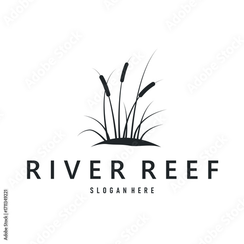 cattails logo river grass plant with river concept and simple silhouette plant design symbol illustration tremlet icon poster or product