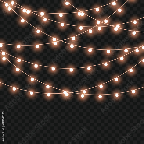 Glowing Christmas lights garland for festive holiday and party decor. Vector