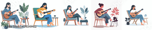 vector woman sitting on chair with guitar