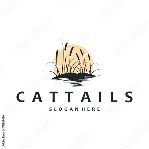 cattails logo river grass plant with river concept and simple silhouette plant design symbol illustration tremlet icon poster or product