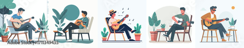 vector man sitting on chair with guitar