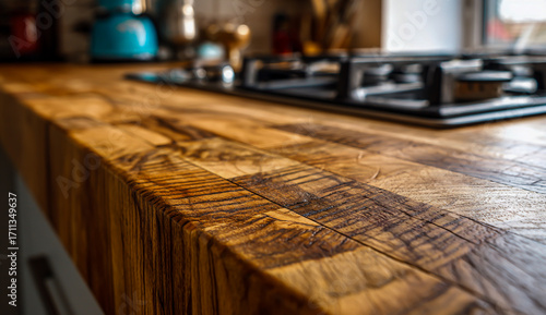 Close up of a rustic wooden kitchen countertop with a gas stove in the background