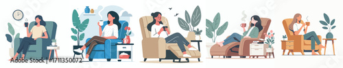 vector woman sitting on chair with coffee