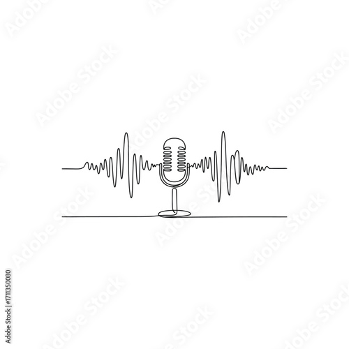 Podcast Microphone with Sound Waves Continuous Line Art Capturing Audio Recording and Broadcasting Excellence Seamless Design Illustration