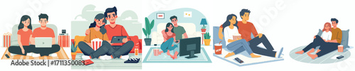 vector couple sitting on the floor watching a movie