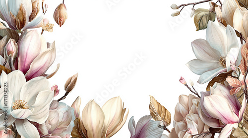 Pastel watercolor magnolias form delicate floral frame art.