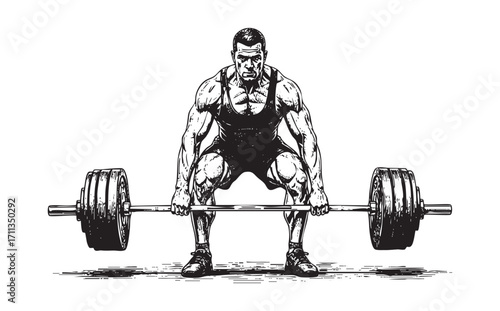 man lifting barbells engraving vector style