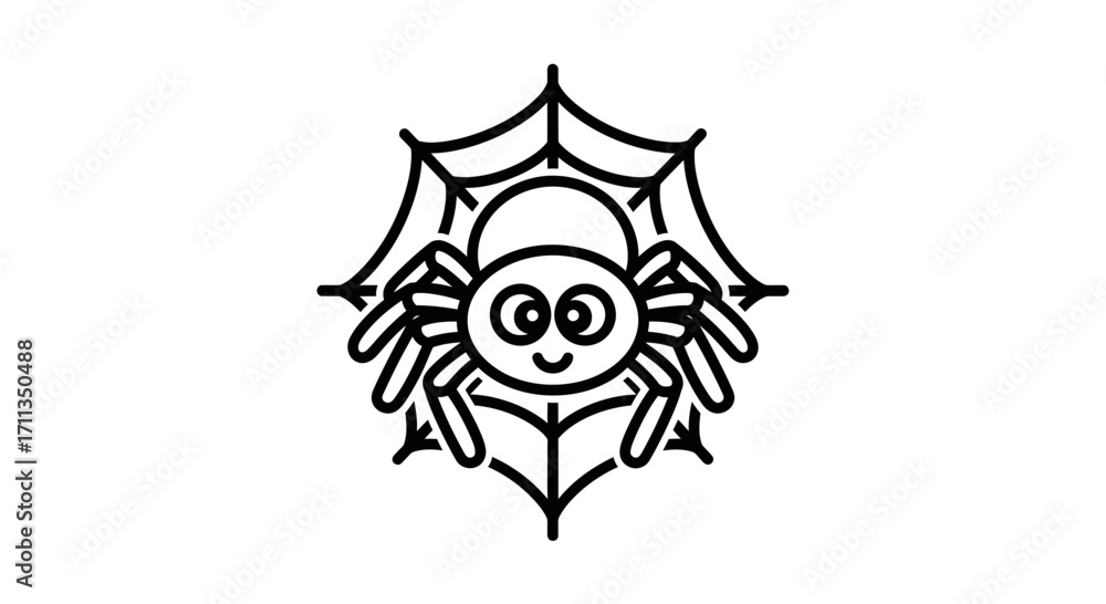 Obraz premium Cute smiling cartoon spider with big eyes on a web line art icon.
