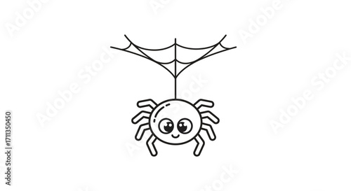 Adorable smiling cartoon spider with big eyes hanging from a web Black and white line art illustration.