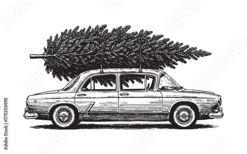 Christmas tree on the car engraving vector style