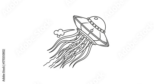Whimsical line art of a flying jellyfish UFO hybrid with flowing tentacles and propulsion smoke.