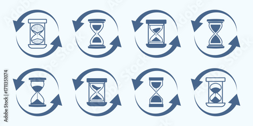 set of sand clock illustrations with varying frames and sand amounts. Hourglass shapes in multiple variations. Vector icon set of hourglasses with falling sand. Flat vector graphic design elements. 