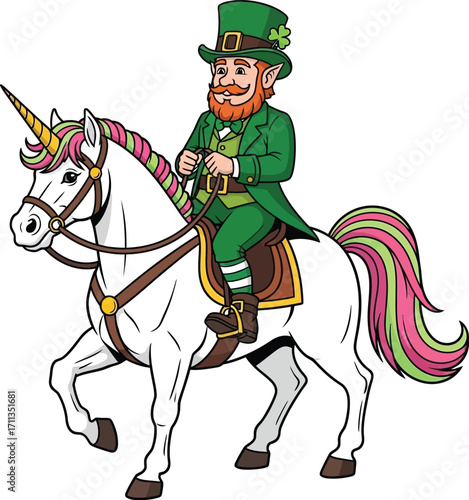 Cheerful Leprechaun Riding Magical Unicorn with Colorful Mane illustration