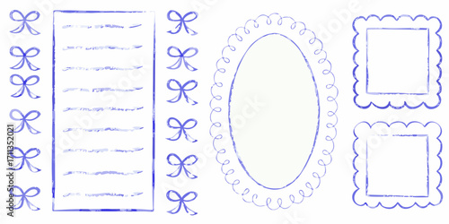 Collection of hand drawn blue watercolor bows frames and decorative borders on a white background