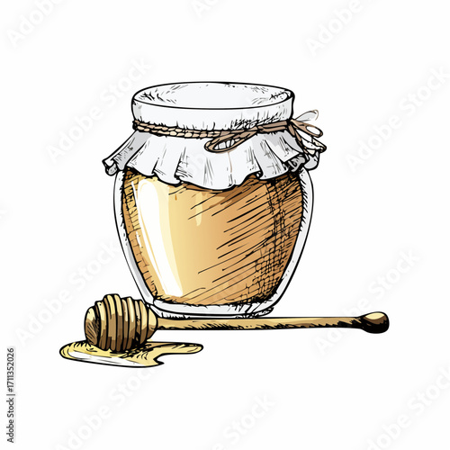 graphite pencil sketch vector honey jar with dipper and stippled drips for sweet recipe designs