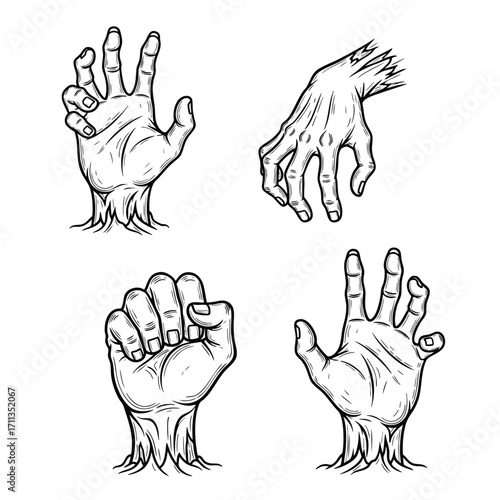 A collection of four handdrawn monstrous zombie hands in various creepy poses.