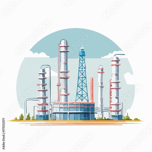 Modern oil refinery complex with distillation towers and drilling rig against a serene sky.