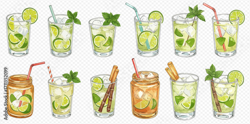 A vibrant watercolor collection of Caipirinha cocktails in different glasses, garnished with lime, mint, and sugarcane.