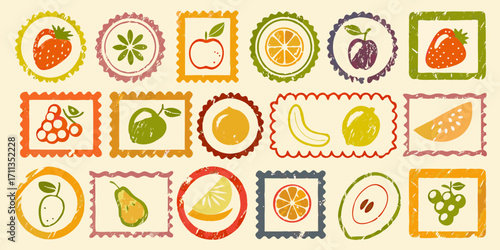 Collection of colorful fruit stamps in various shapes and borders with a distressed texture
