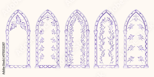 Collection of five gothic arch window frames with intricate floral vine and leaf embellishments in purple ink